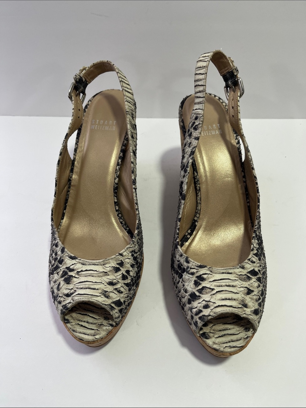 Stuart Weitzman Snake-Print Cork Wedge Slingback Sandals - Black & Cream Sz 9.5 - Picture 3 of 8